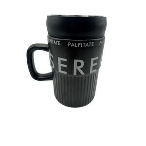 Serendipity Coffee Cup Black Body with Screw Lid Prominent White Text Palpitate